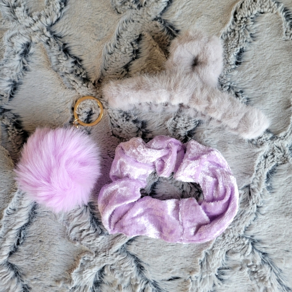 ✨BUNDLE 3/$20✨ Fuzzy Claw Clip, Velvet Scrunchie, Soft Pom Keychain Purple Set